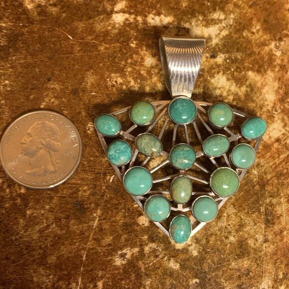 Jay king Pendant Sterling Silver Triangular w/ 16 Green Turquoise Stones - Picture 4 of 7